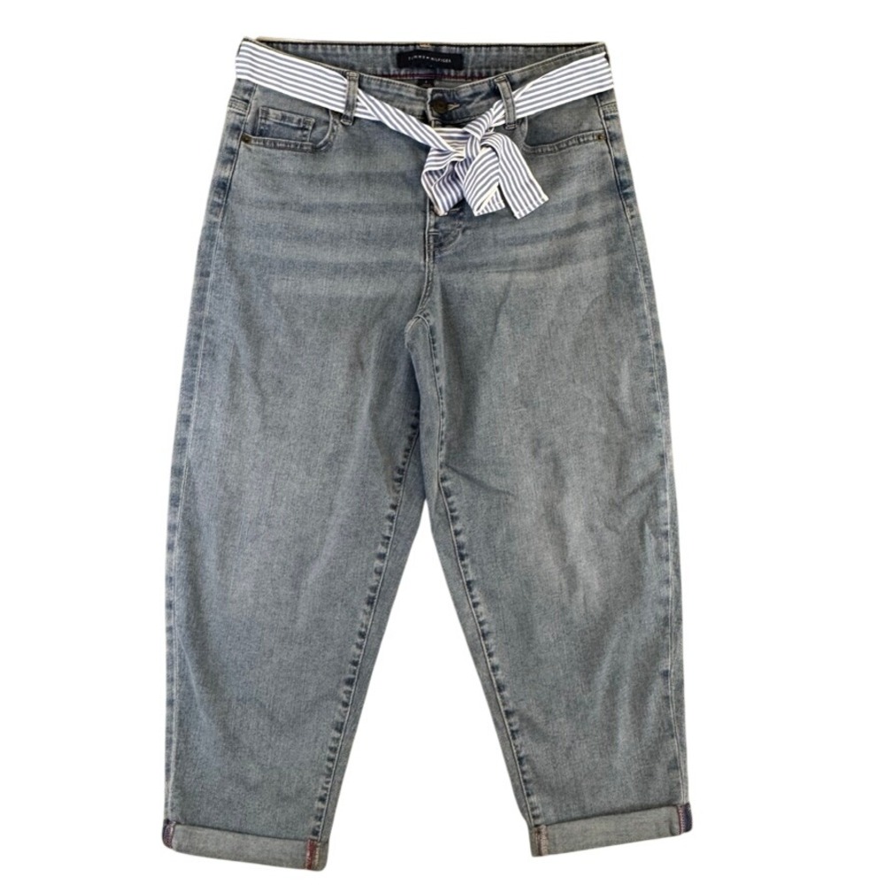 Tommy Hilfiger Womens Medium Wash Button Fly Cropped Jeans with Striped Belt 6